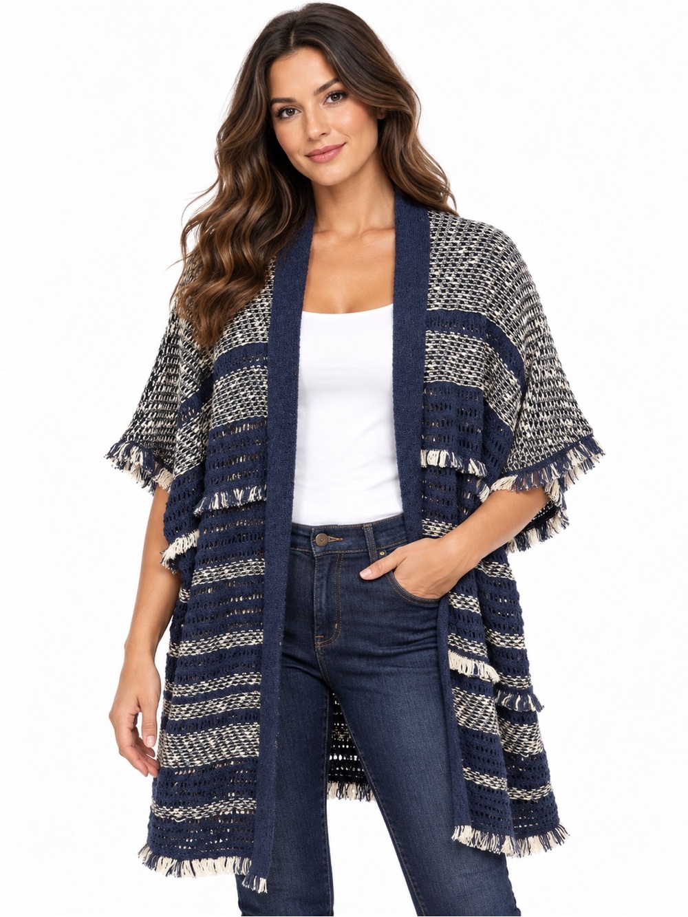 Lucky Brand Navy and Cream Striped Fringed Open-Front Cardigan